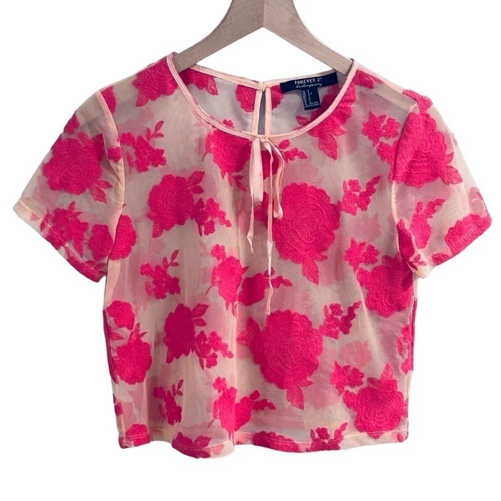 FOREVER 21 Contemporary Embroidered Rose Sheer Mesh Shirt Womens Size Small